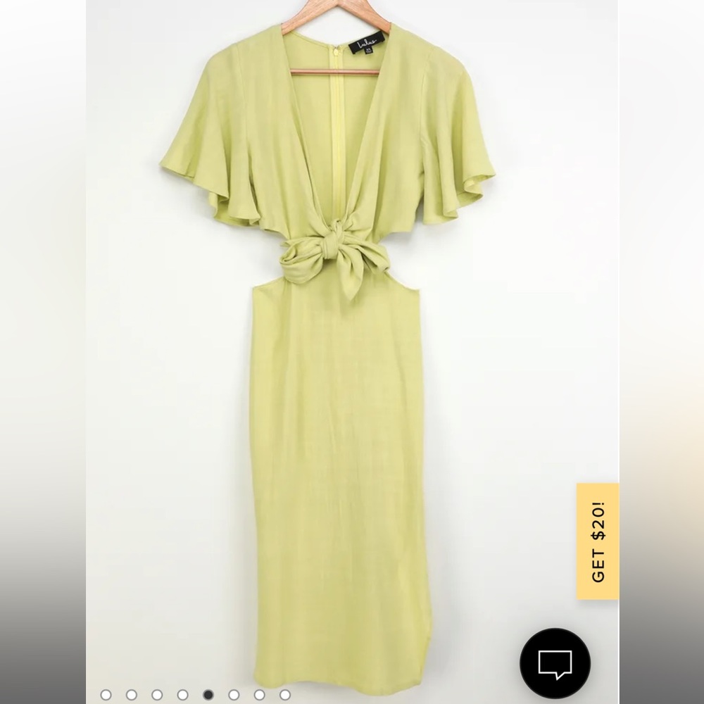 Lulu’s - Summer Journey Light Green Tie front cutout midi dress. Size XL